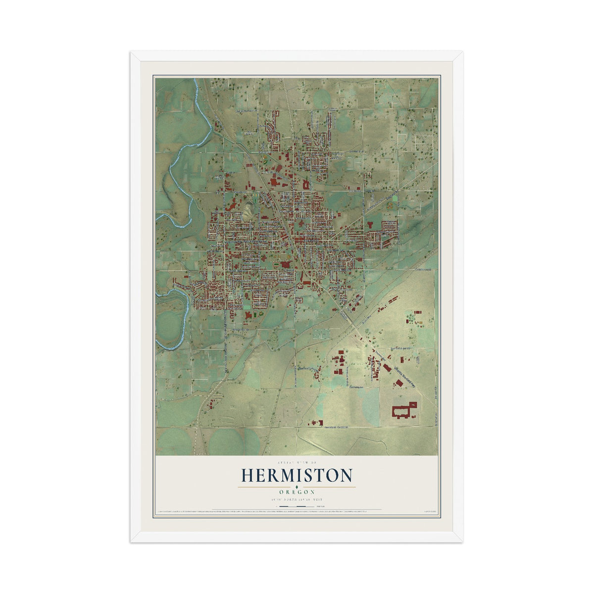 Map of Hermiston, Oregon, 12 x 18 inch print in a white wood frame