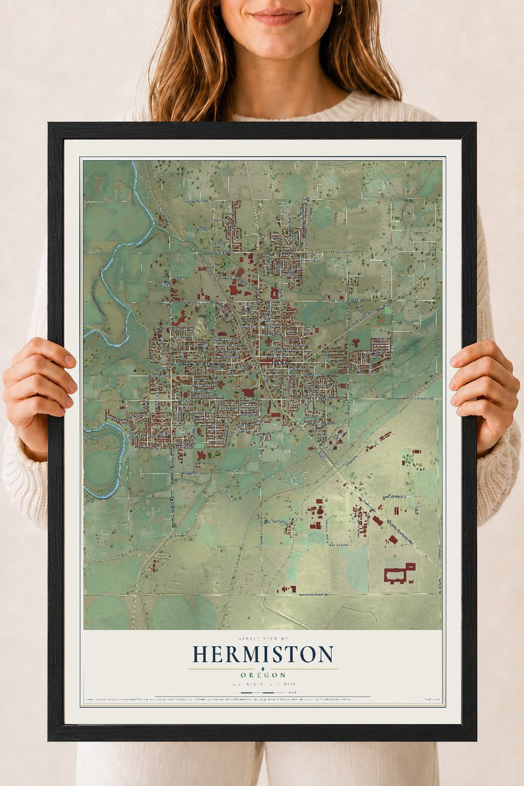 Map of Hermiston, Oregon, 18 x 24 inch print in a black wood frame