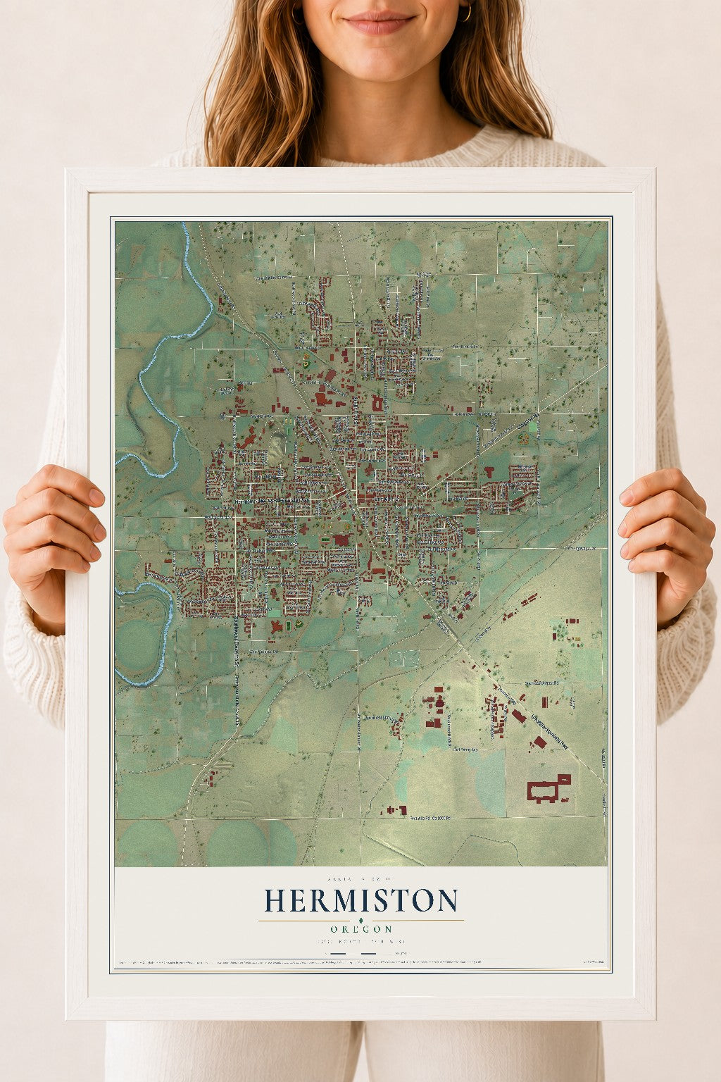 Map of Hermiston, Oregon, 18 x 24 inch print in a white wood frame