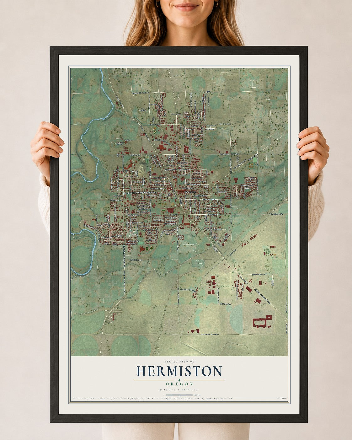 Map of Hermiston, Oregon, 24 x 36 inch print in a black wood frame