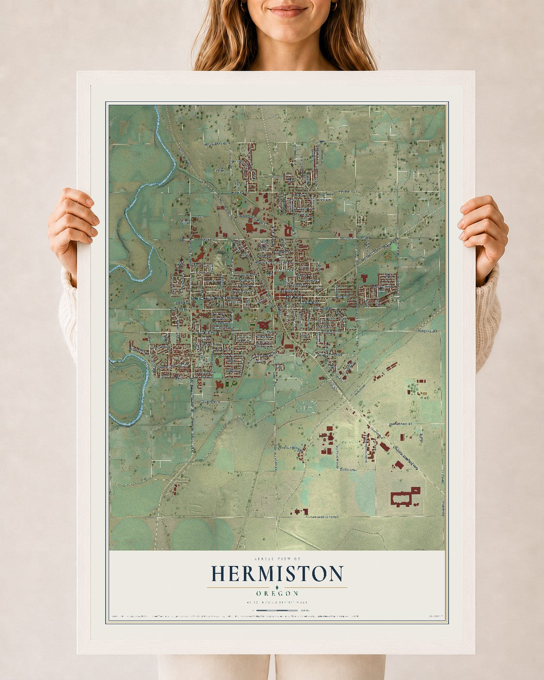 Map of Hermiston, Oregon, 24 x 36 inch print in a white wood frame
