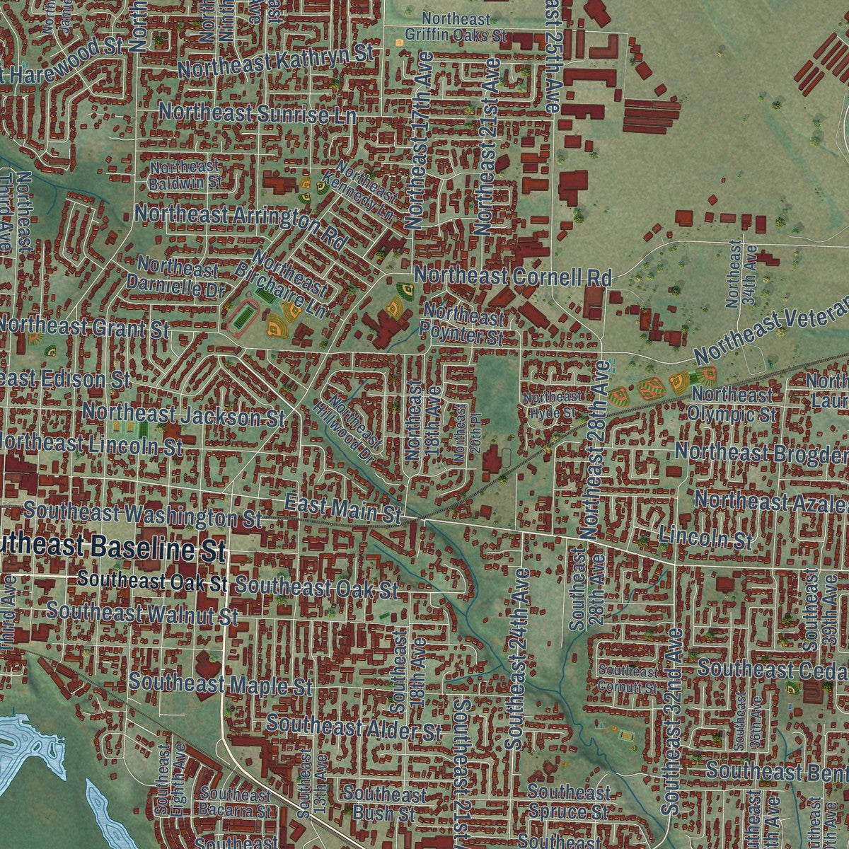 Close-up of the map of Hillsboro, Oregon print showing street and building detail