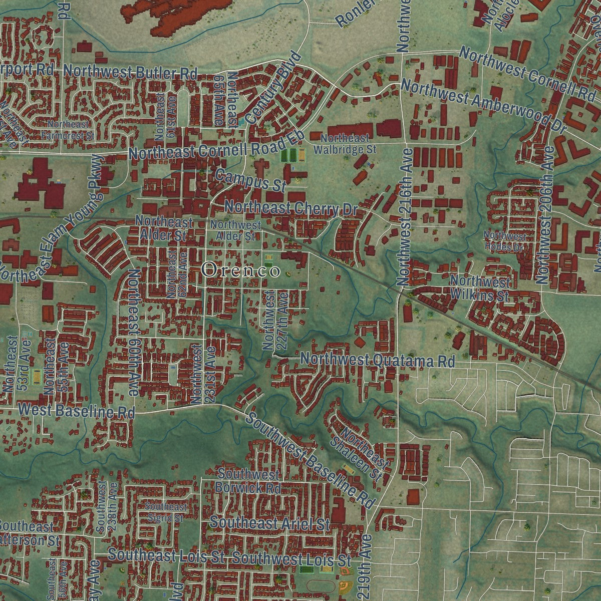 Second close-up of the map of Hillsboro, Oregon print showing more streets and buildings