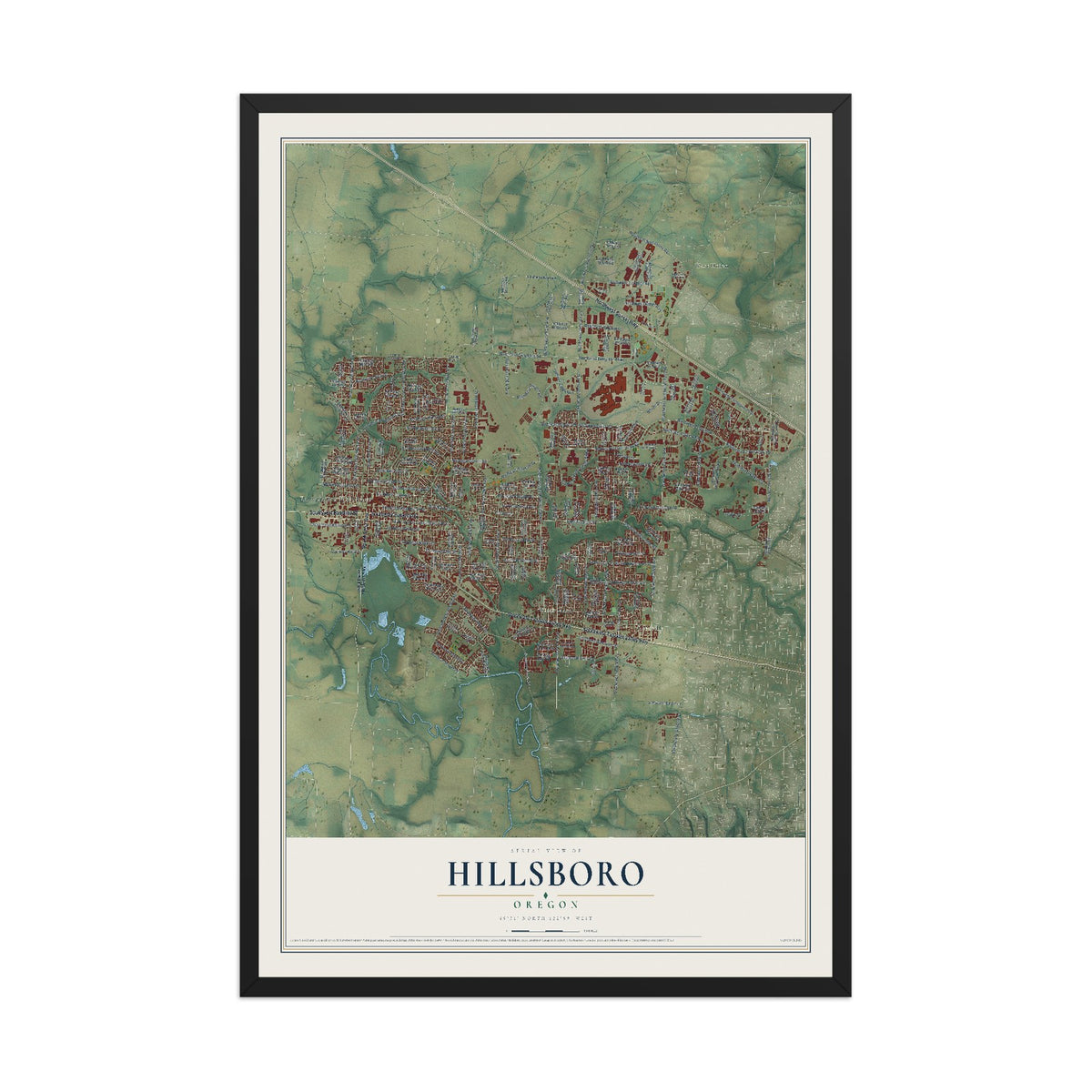 Map of Hillsboro, Oregon, 12 x 18 inch print in a black wood frame