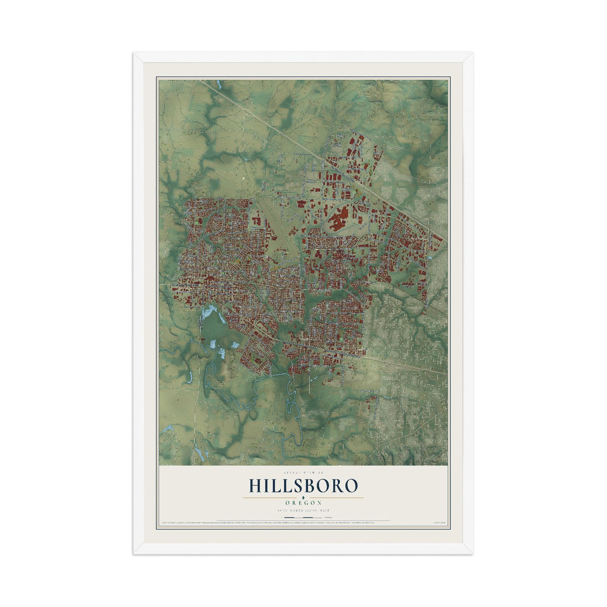 Map of Hillsboro, Oregon, 12 x 18 inch print in a white wood frame