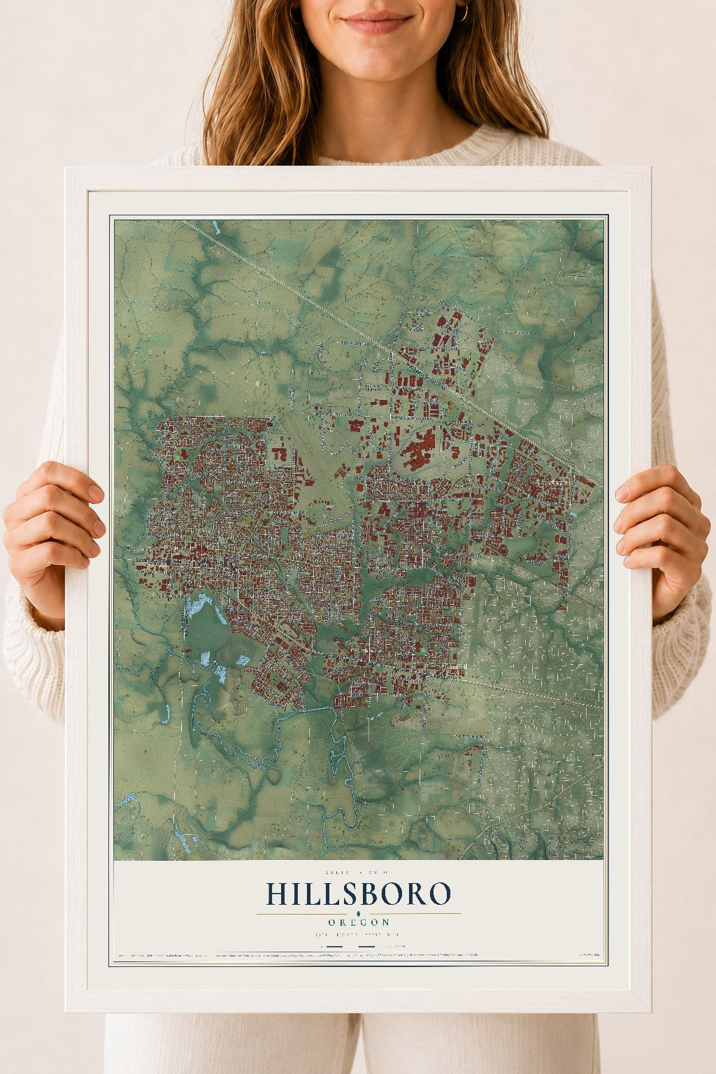 Map of Hillsboro, Oregon, 18 x 24 inch print in a white wood frame