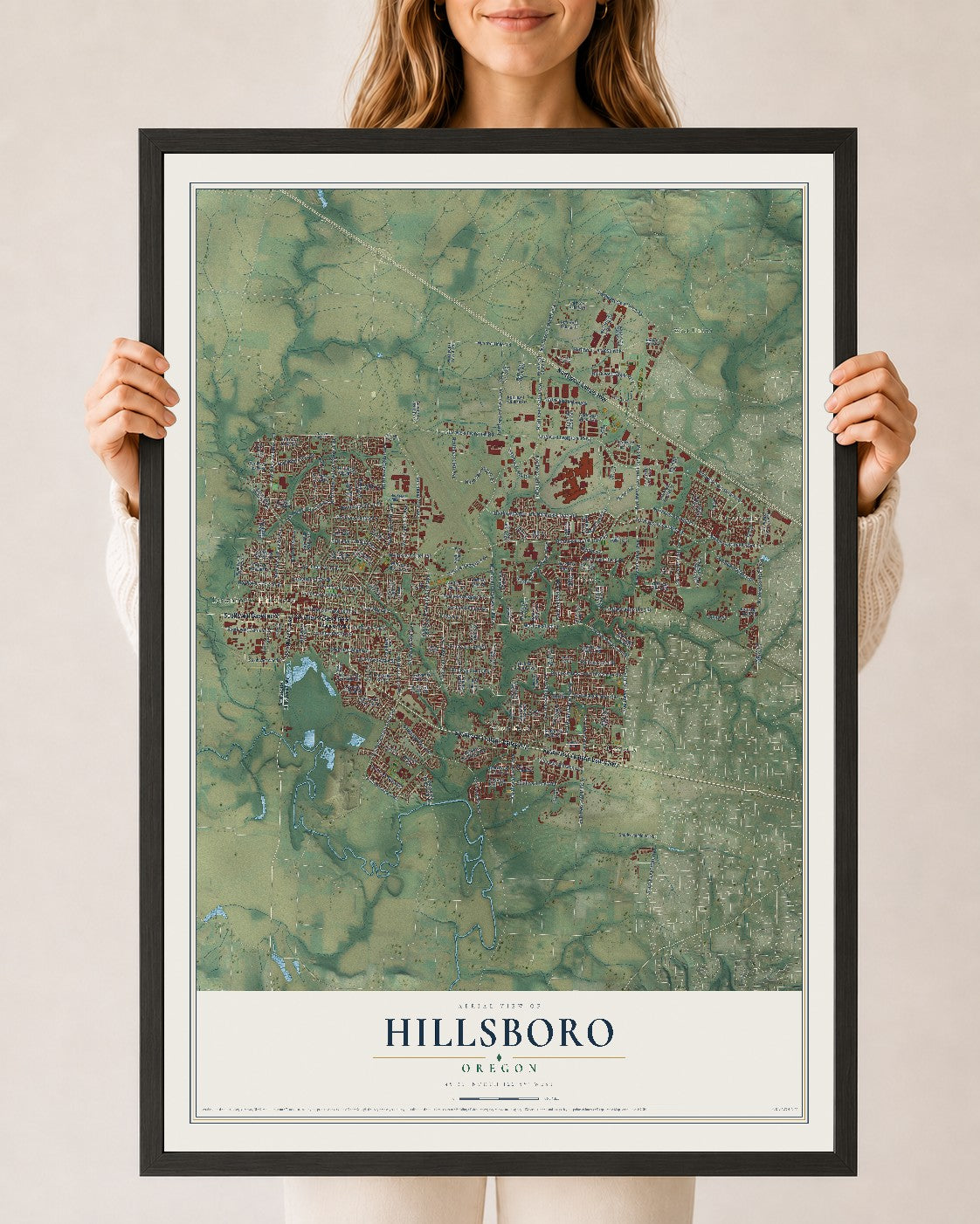 Map of Hillsboro, Oregon, 24 x 36 inch print in a black wood frame