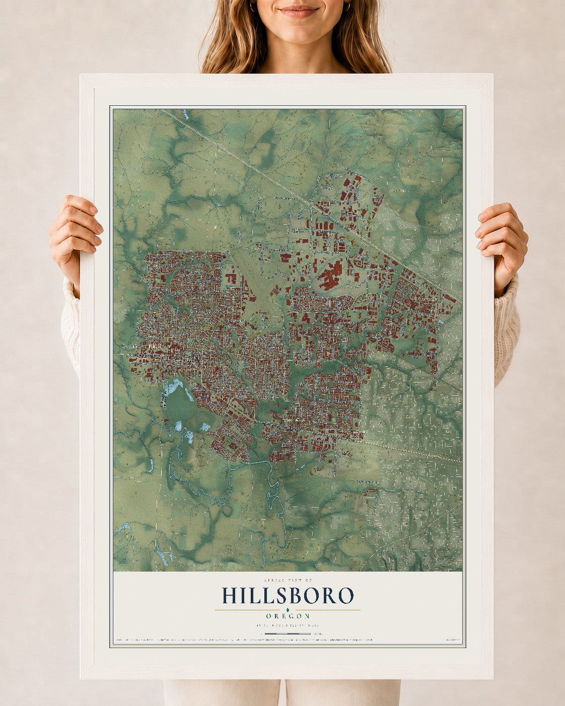 Map of Hillsboro, Oregon, 24 x 36 inch print in a white wood frame