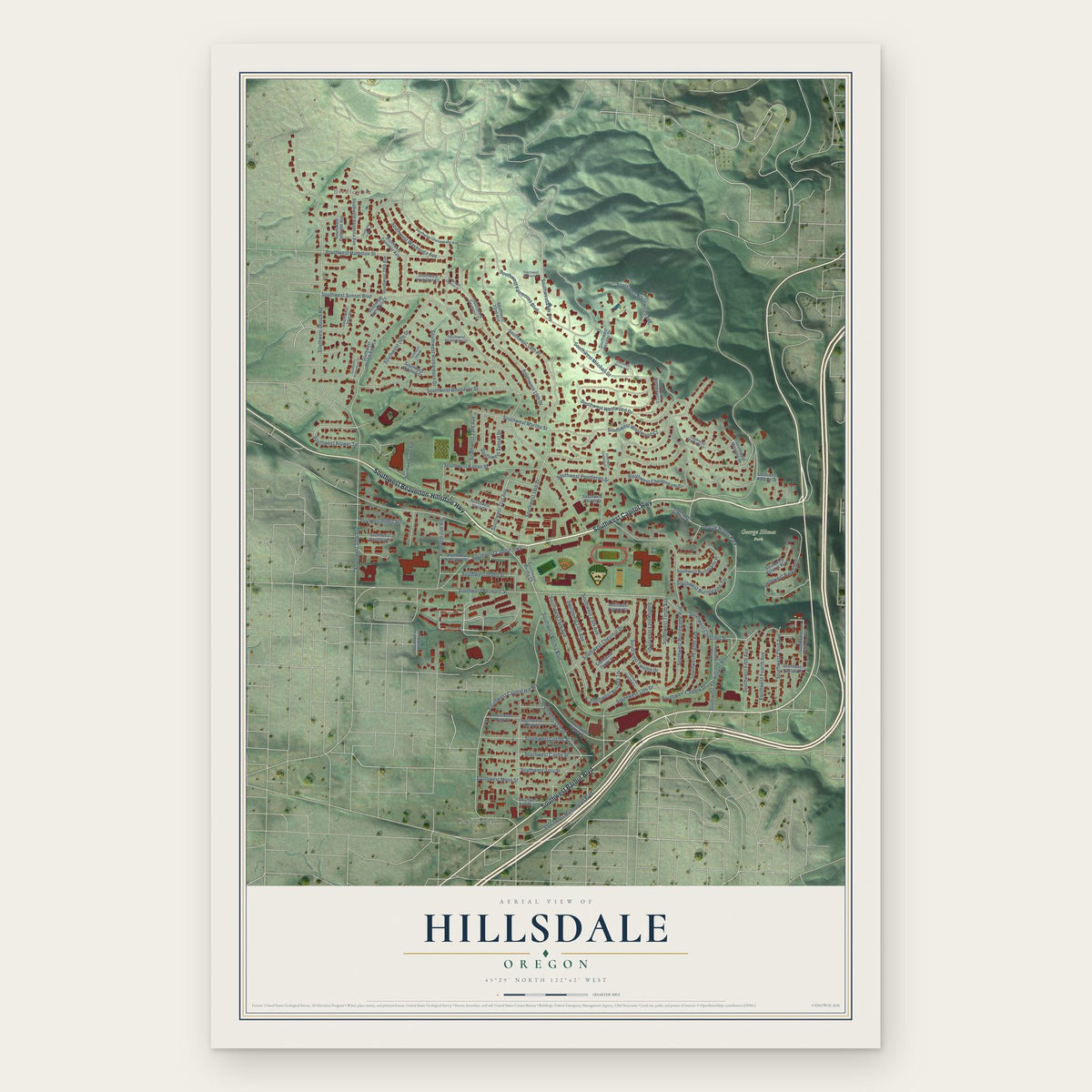 Hillsdale, Oregon map print, the full design
