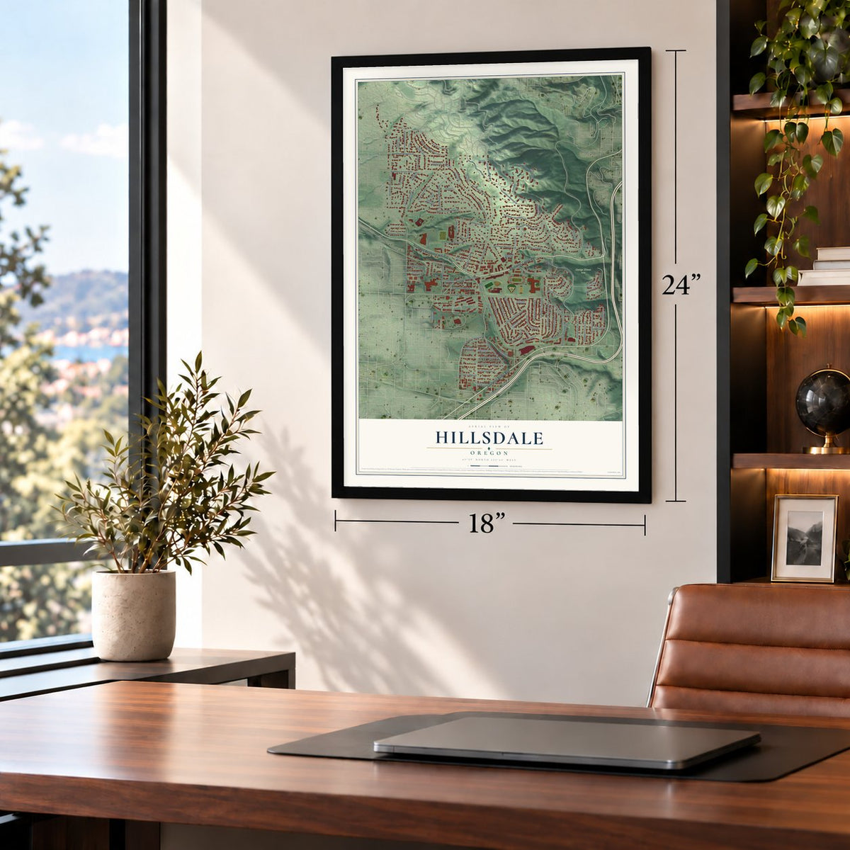 Hillsdale, Oregon map, 18 x 24 inch print in a black frame in a home office