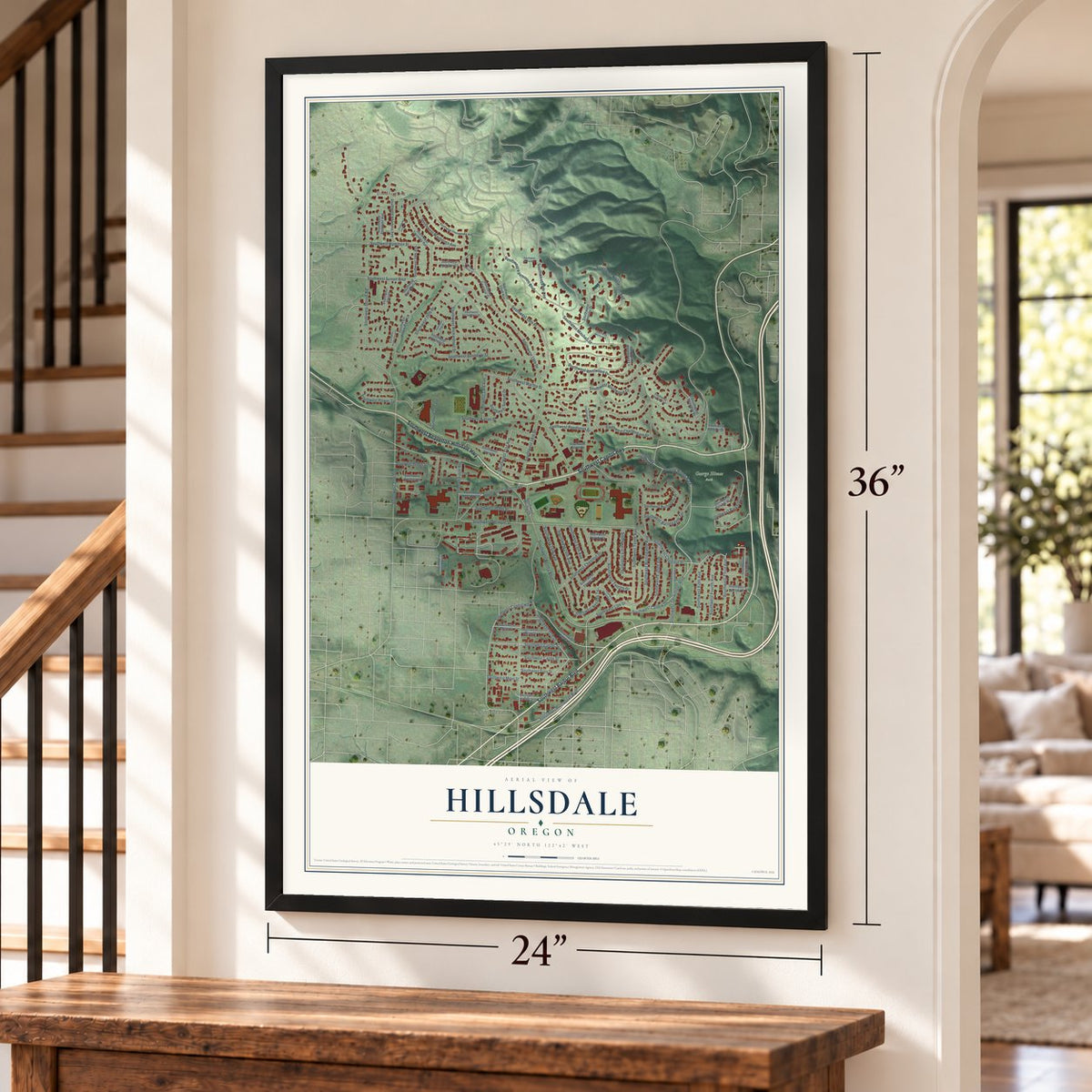 Hillsdale, Oregon map, 24 x 36 inch print in a black frame by a staircase