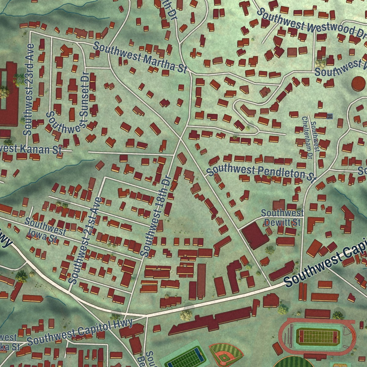Close-up of the map of Hillsdale, Oregon print showing street and building detail
