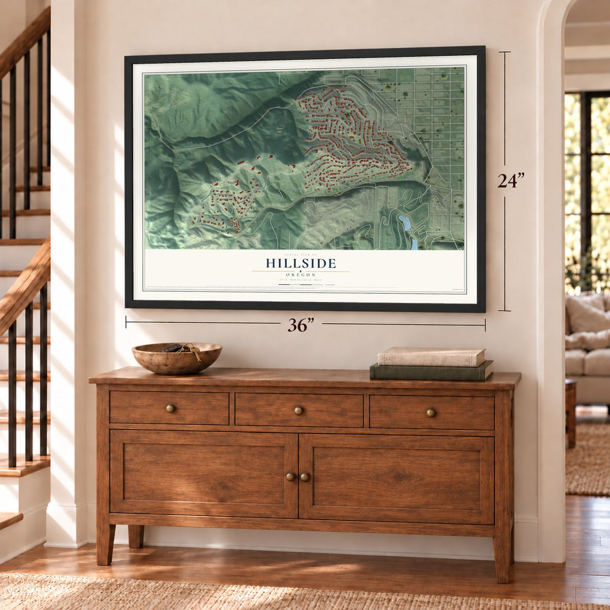 Hillside, Oregon map, 24 x 36 inch print in a black frame above a dresser by a staircase