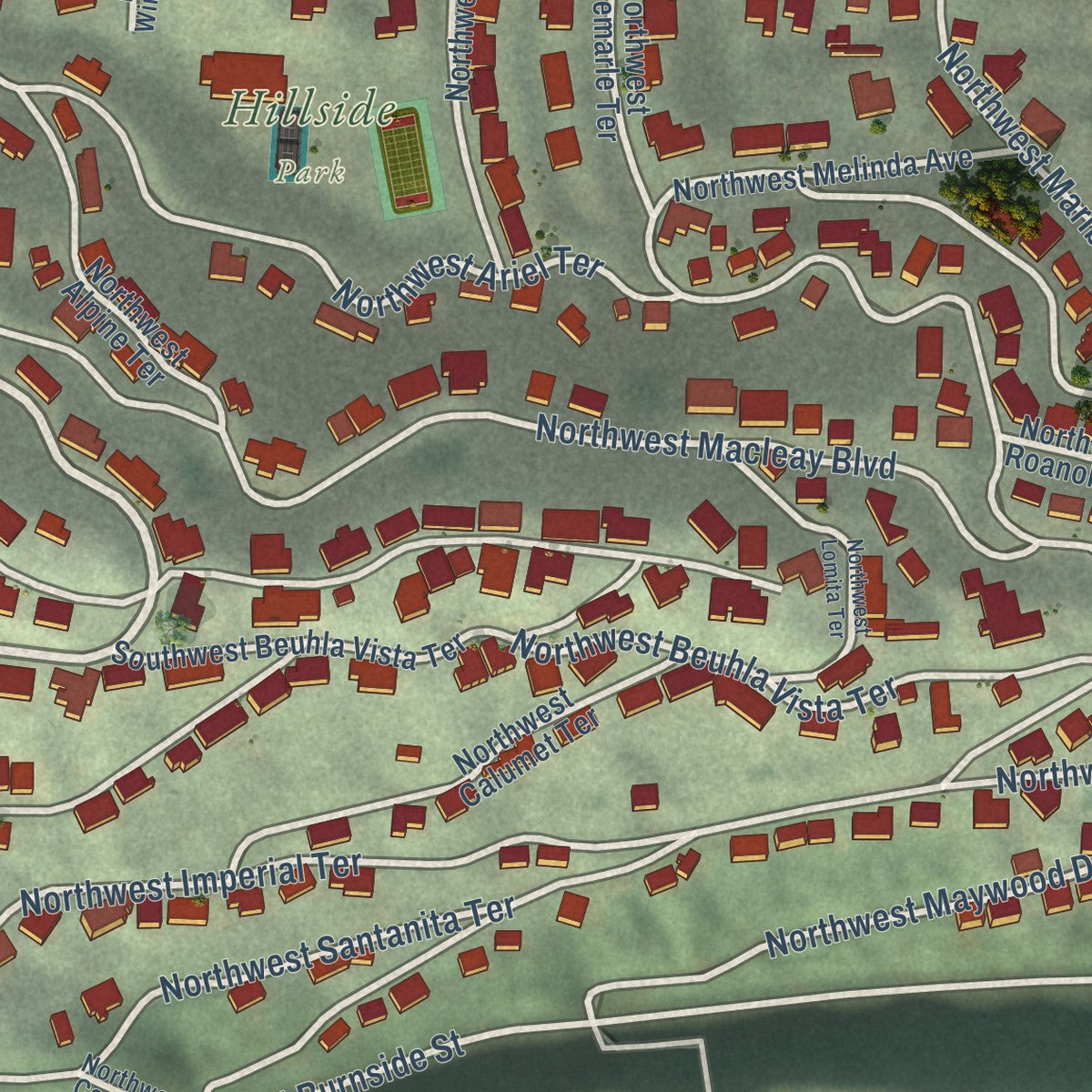 Close-up of the map of Hillside, Oregon print showing street and building detail