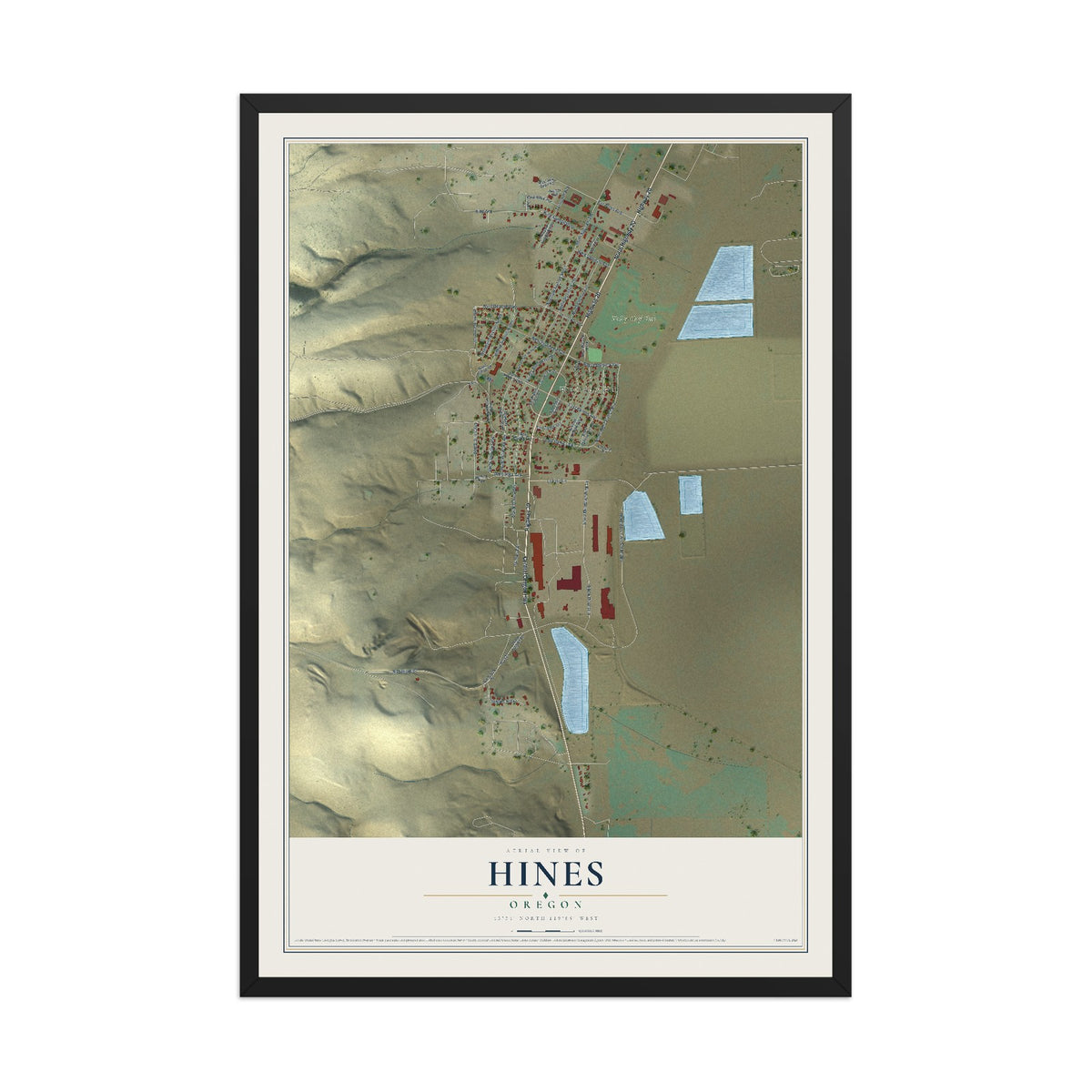 Map of Hines, Oregon, 12 x 18 inch print in a black wood frame