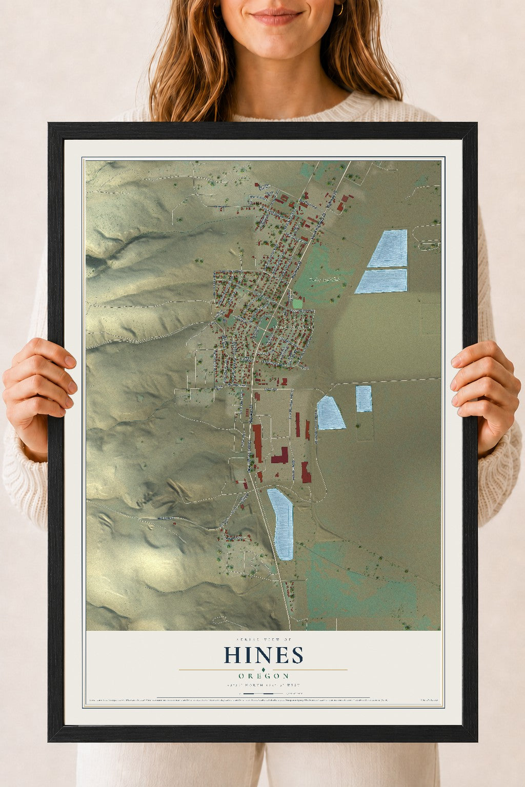 Map of Hines, Oregon, 18 x 24 inch print in a black wood frame