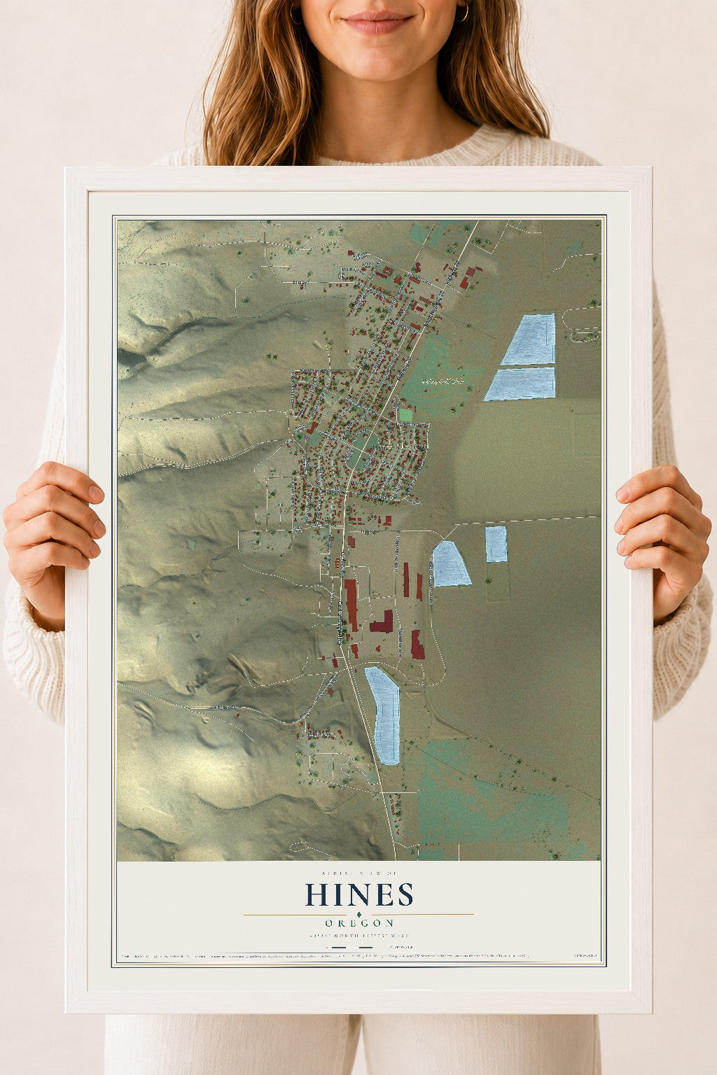 Map of Hines, Oregon, 18 x 24 inch print in a white wood frame