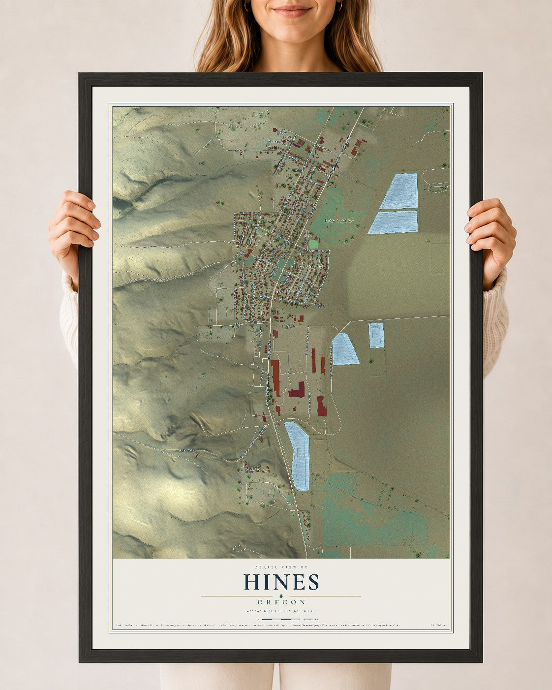 Map of Hines, Oregon, 24 x 36 inch print in a black wood frame