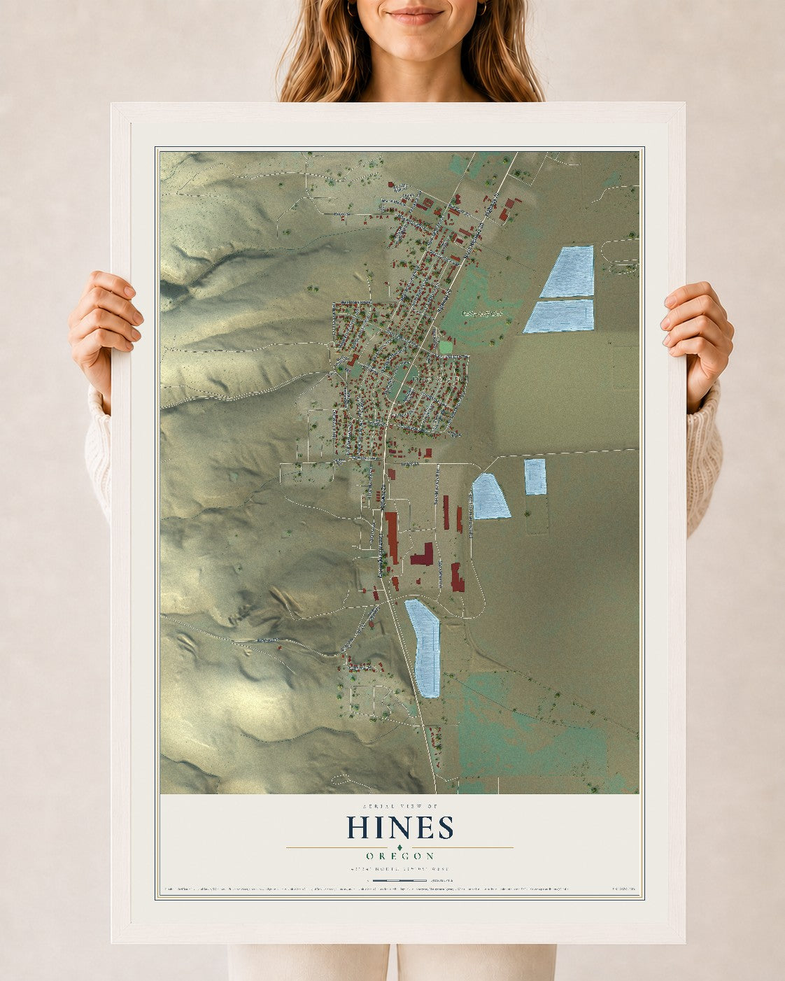 Map of Hines, Oregon, 24 x 36 inch print in a white wood frame