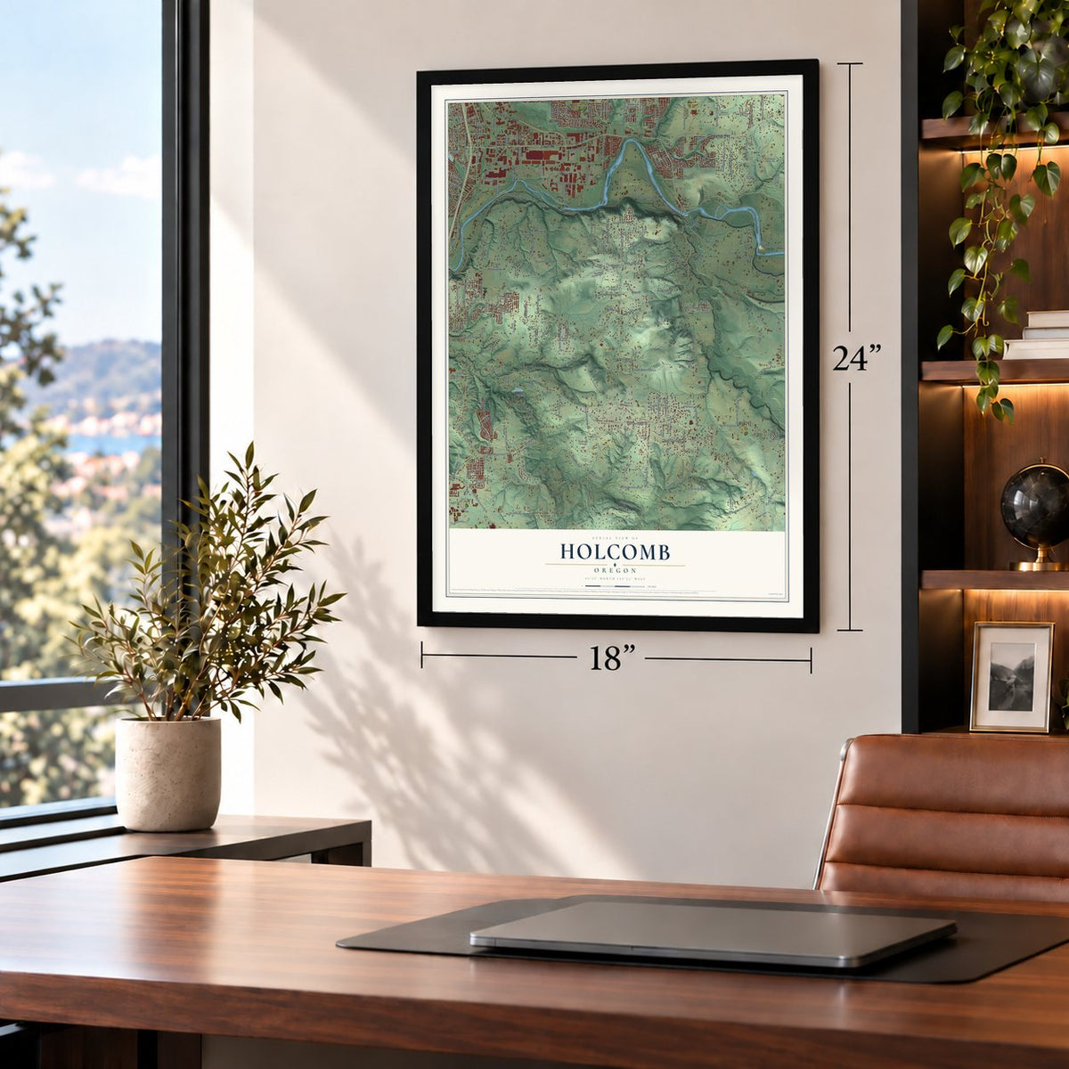 Holcomb, Oregon map, 18 x 24 inch print in a black frame in a home office
