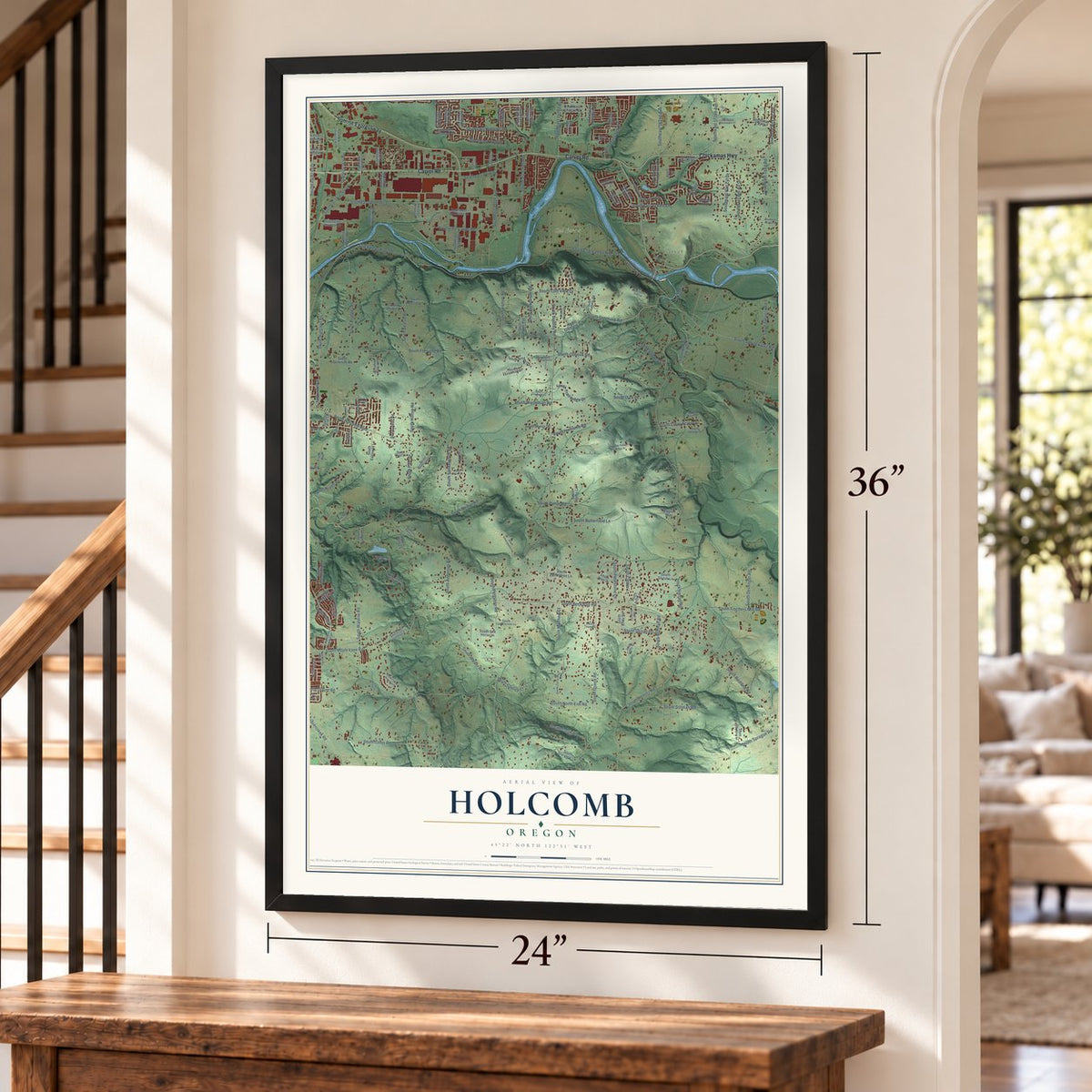 Holcomb, Oregon map, 24 x 36 inch print in a black frame by a staircase