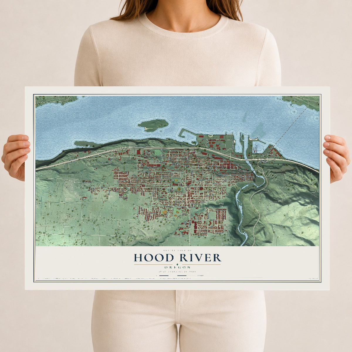 Map of Hood River, Oregon, 12 x 18 inch unframed archival matte print