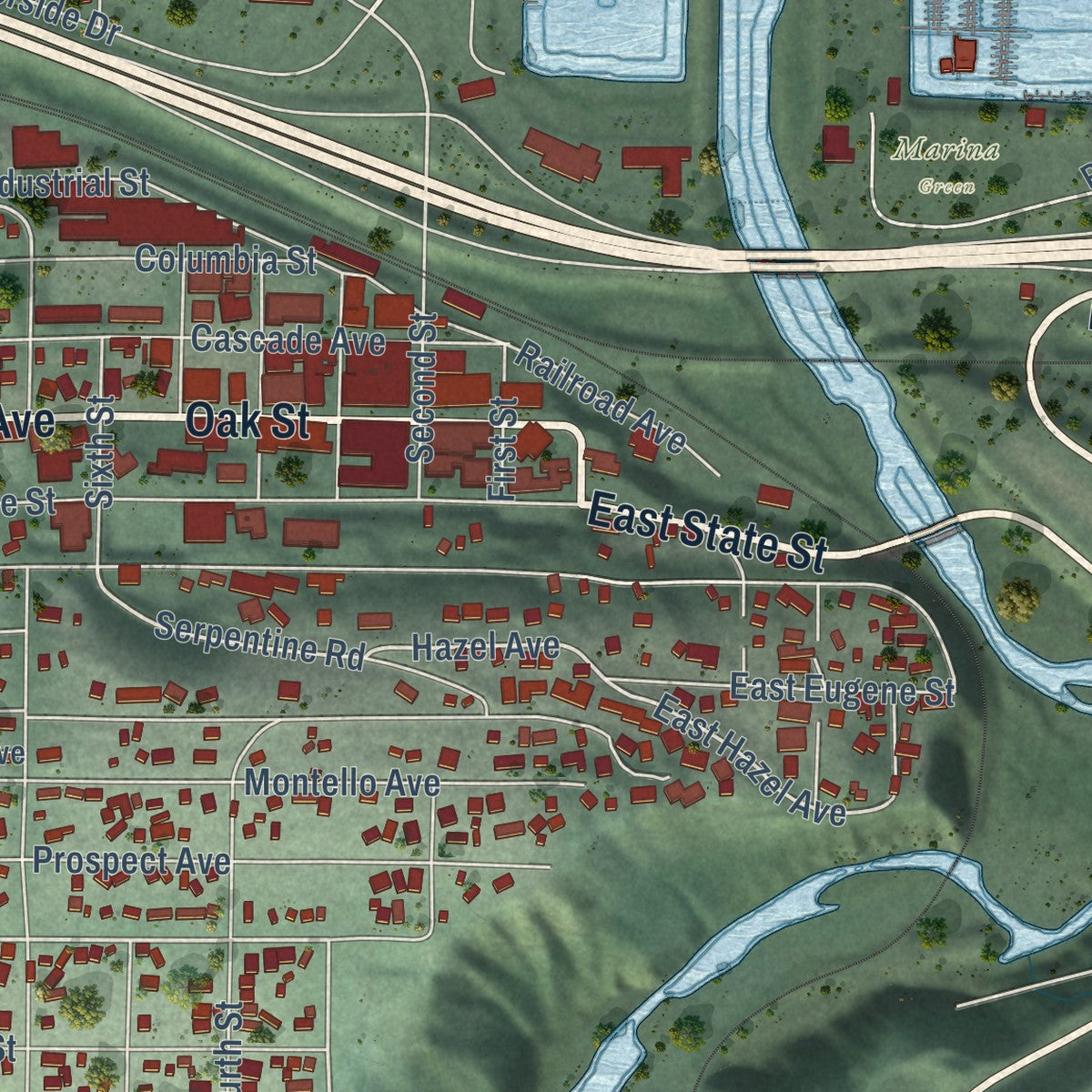 Second close-up of the map of Hood River, Oregon print showing more streets and buildings