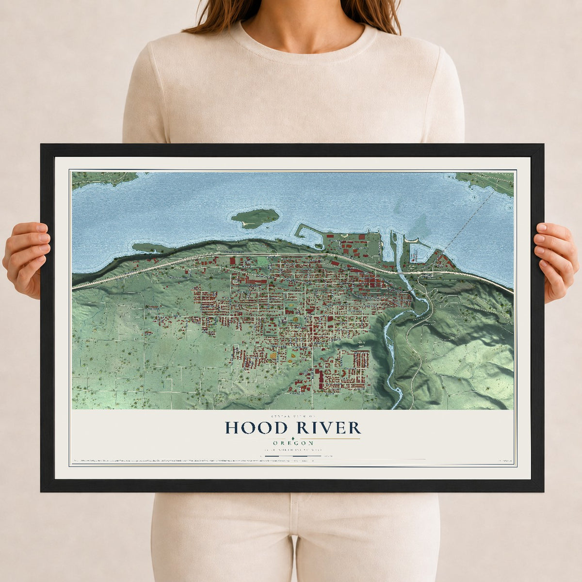 Map of Hood River, Oregon, 12 x 18 inch print in a black wood frame