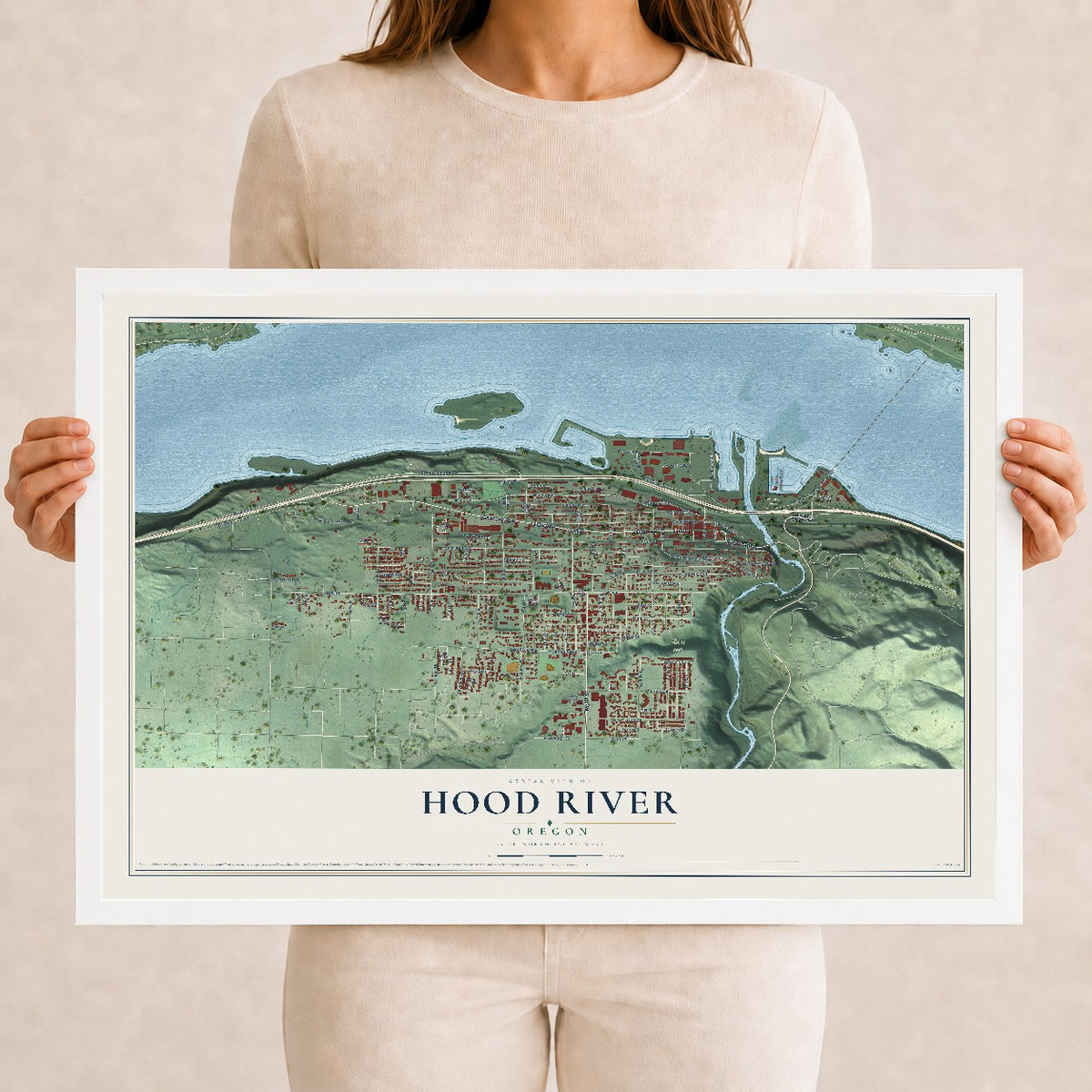 Map of Hood River, Oregon, 12 x 18 inch print in a white wood frame