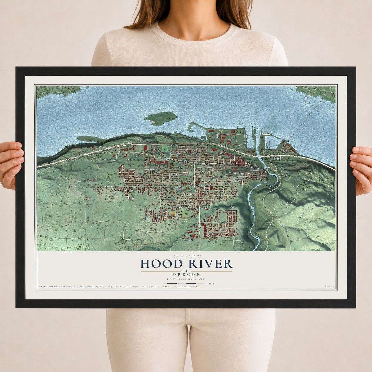 Map of Hood River, Oregon, 18 x 24 inch print in a black wood frame