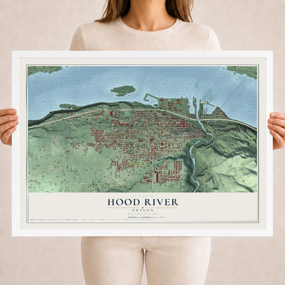 Map of Hood River, Oregon, 18 x 24 inch print in a white wood frame