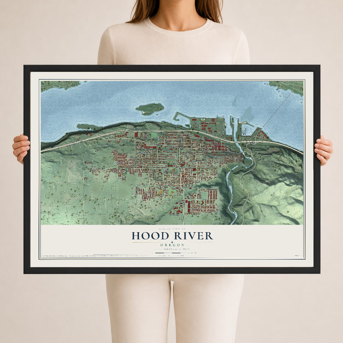 Map of Hood River, Oregon, 24 x 36 inch print in a black wood frame