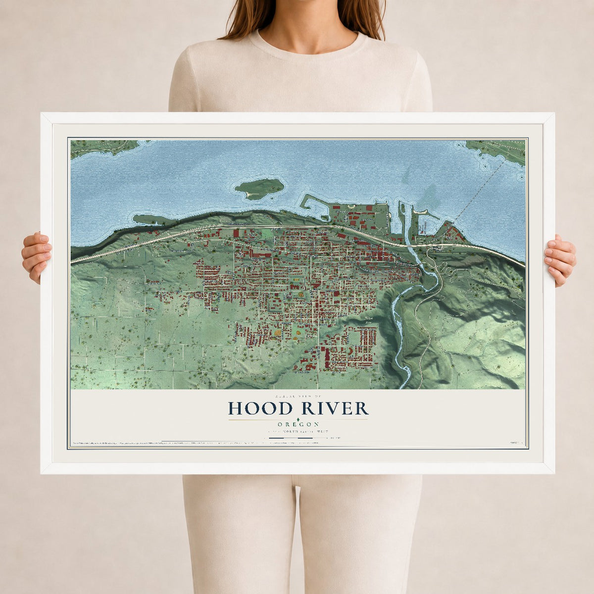 Map of Hood River, Oregon, 24 x 36 inch print in a white wood frame