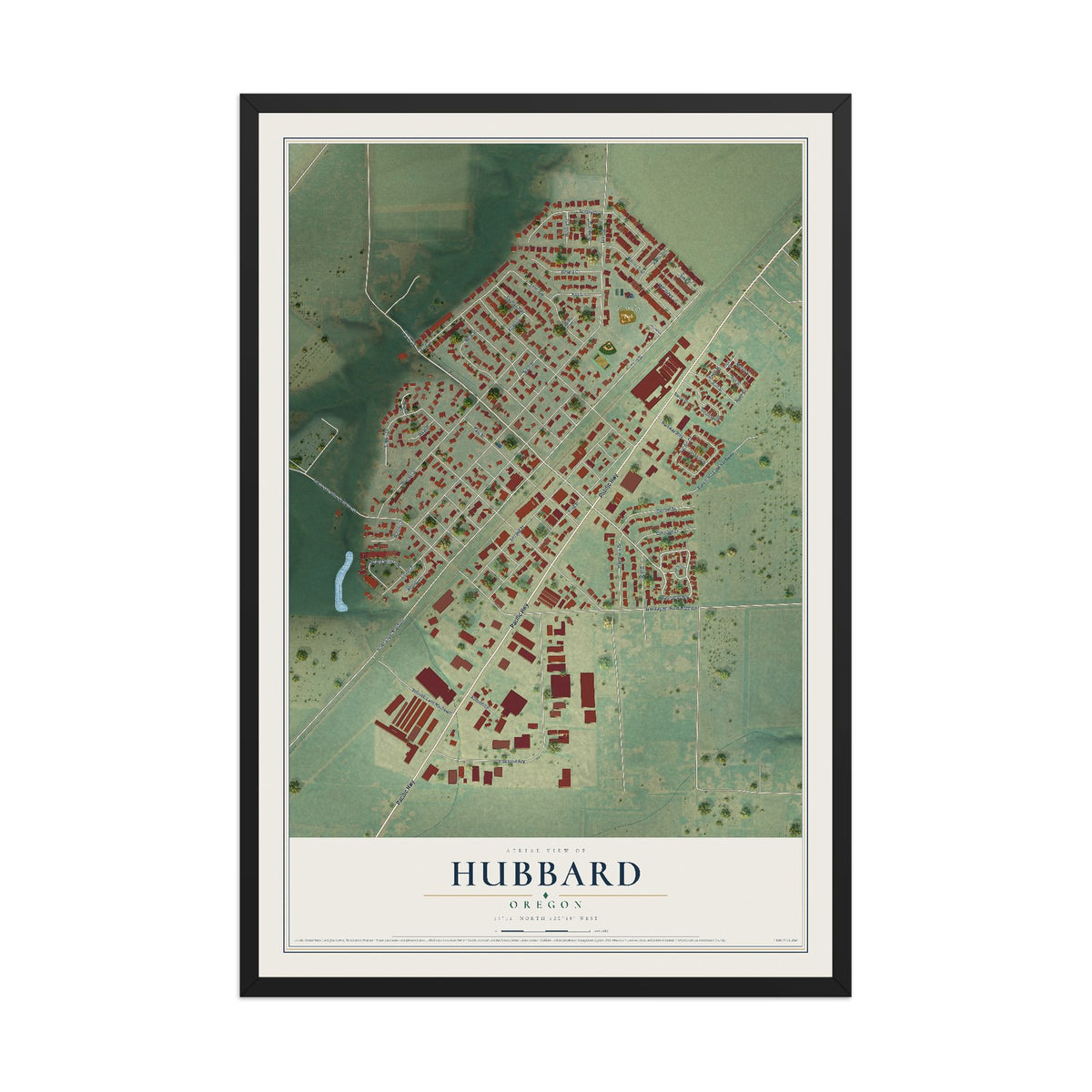 Map of Hubbard, Oregon, 12 x 18 inch print in a black wood frame