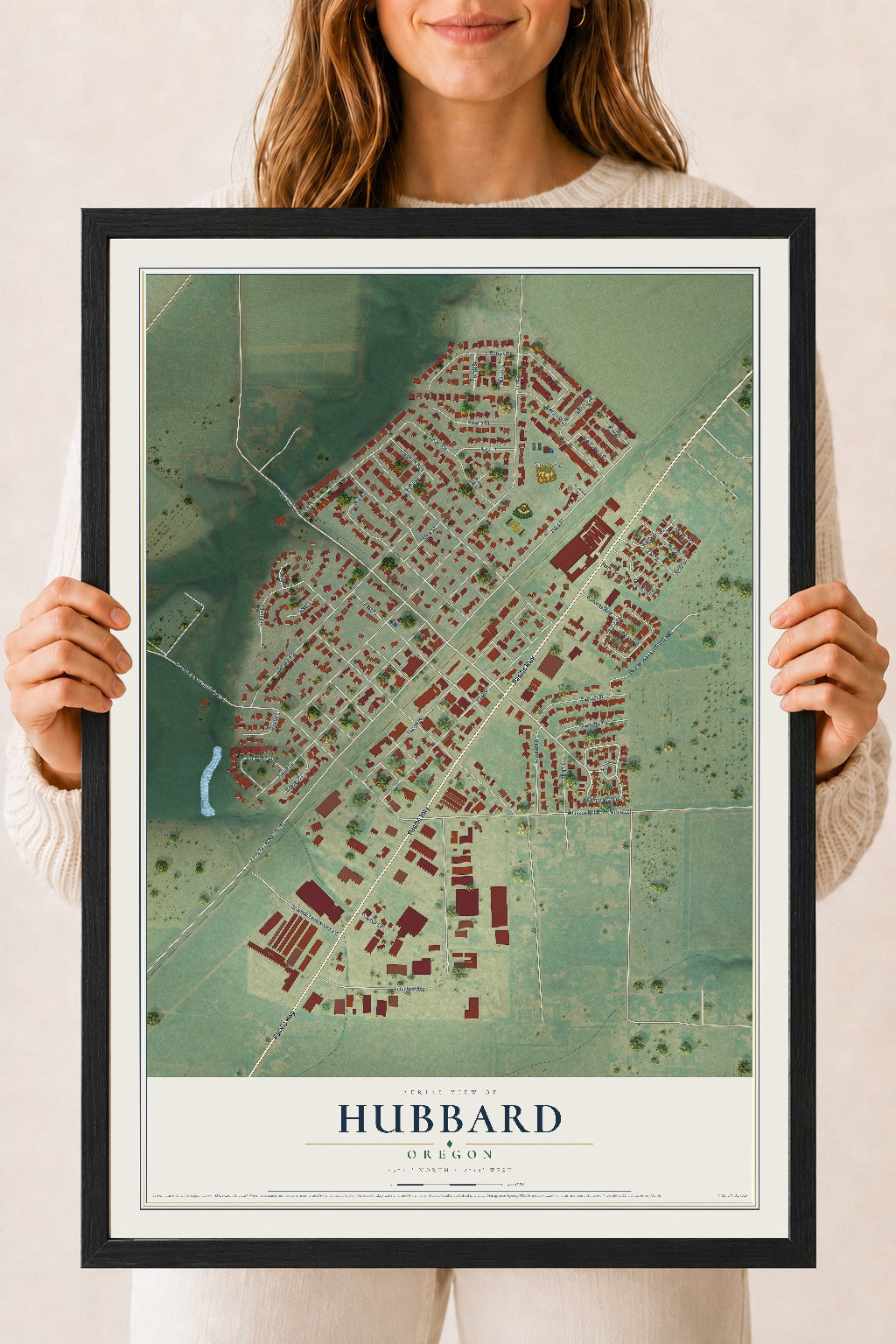 Map of Hubbard, Oregon, 18 x 24 inch print in a black wood frame