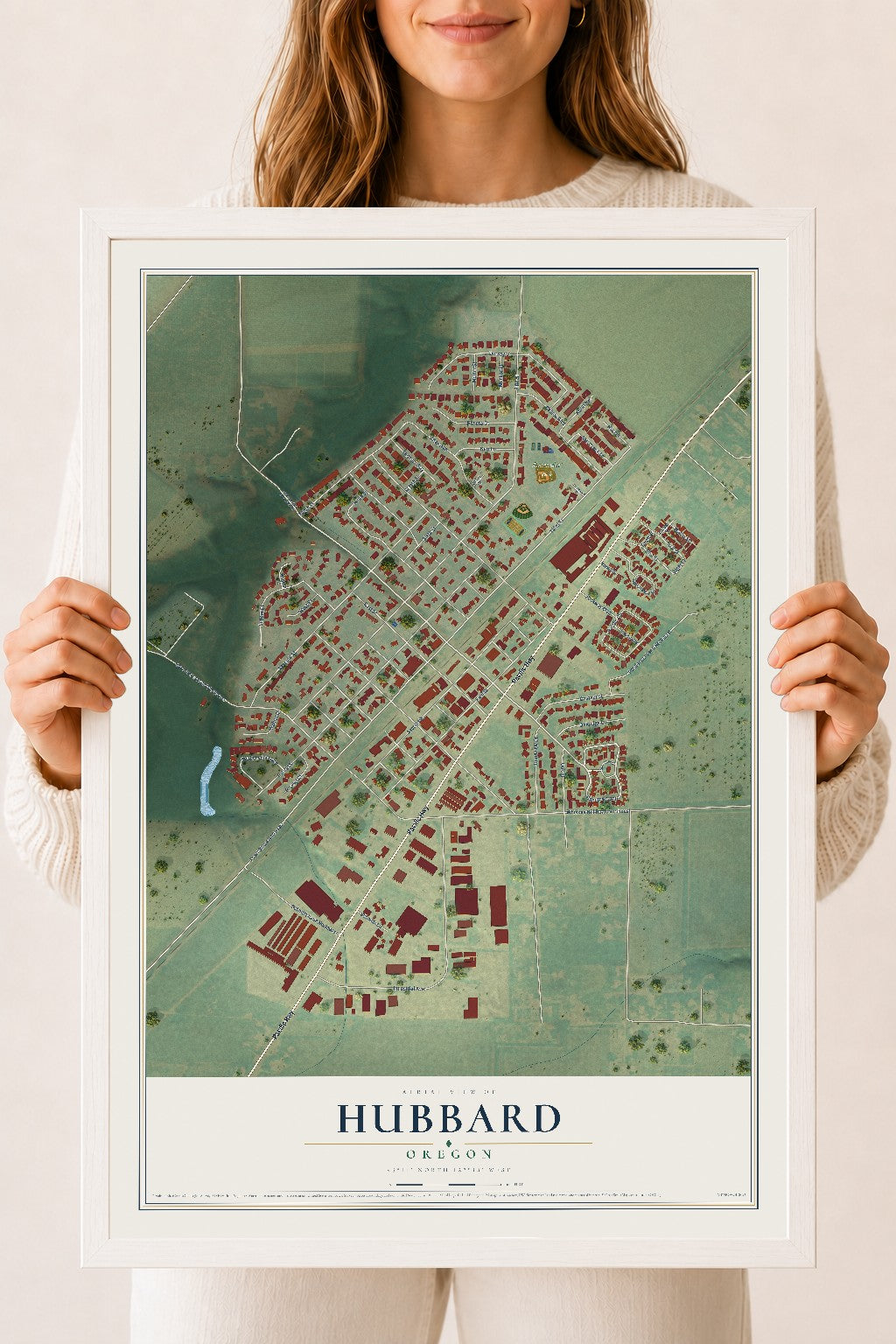Map of Hubbard, Oregon, 18 x 24 inch print in a white wood frame