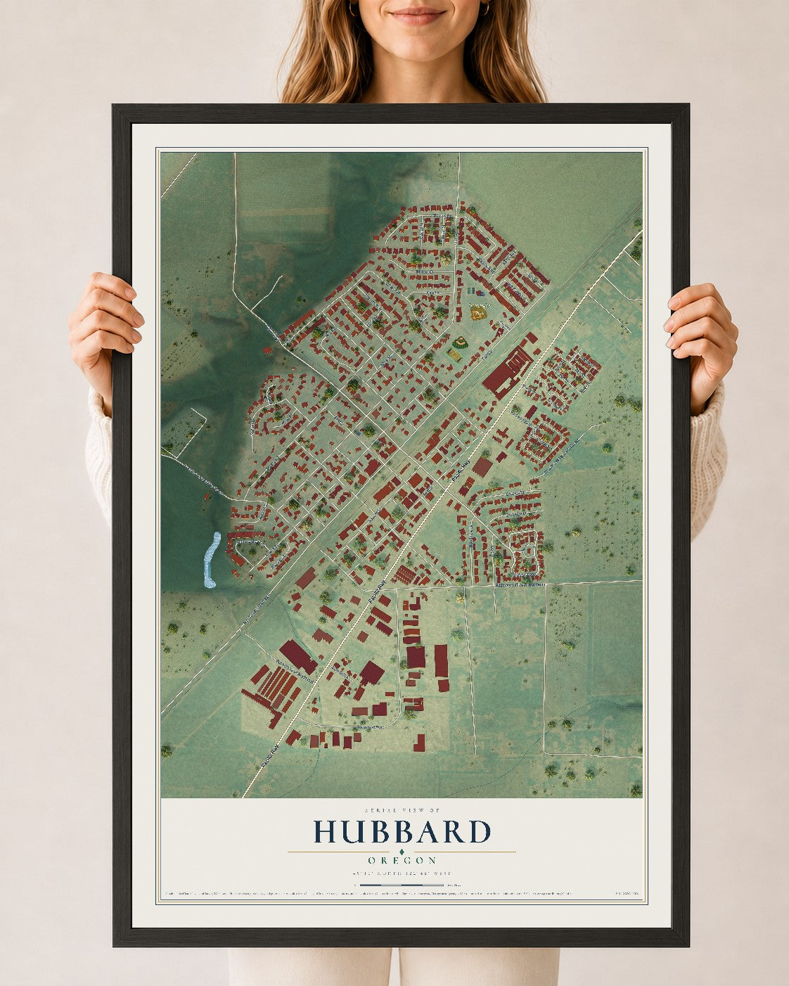 Map of Hubbard, Oregon, 24 x 36 inch print in a black wood frame