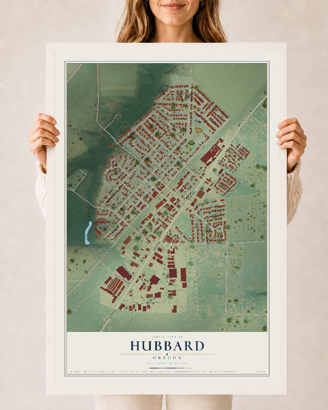 Map of Hubbard, Oregon, 24 x 36 inch print in a white wood frame