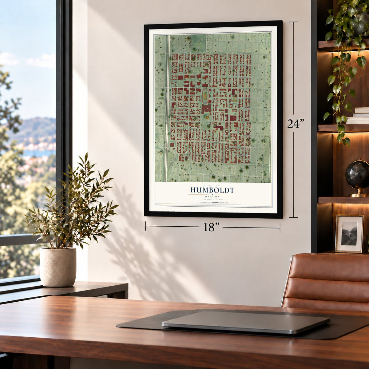 Humboldt, Oregon map, 18 x 24 inch print in a black frame in a home office