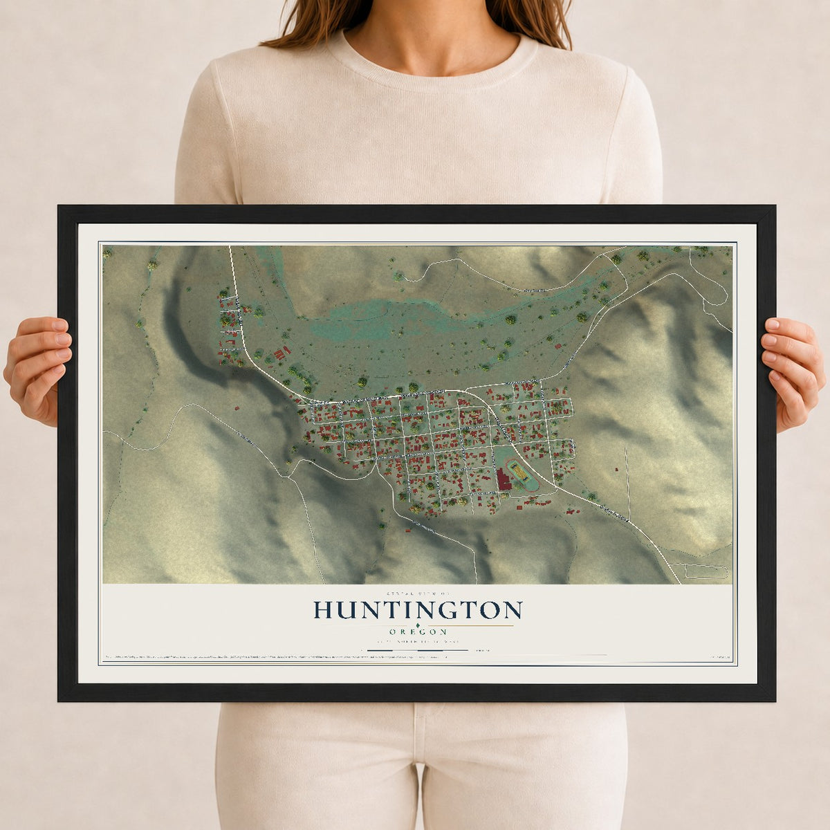Map of Huntington, Oregon, 12 x 18 inch print in a black wood frame