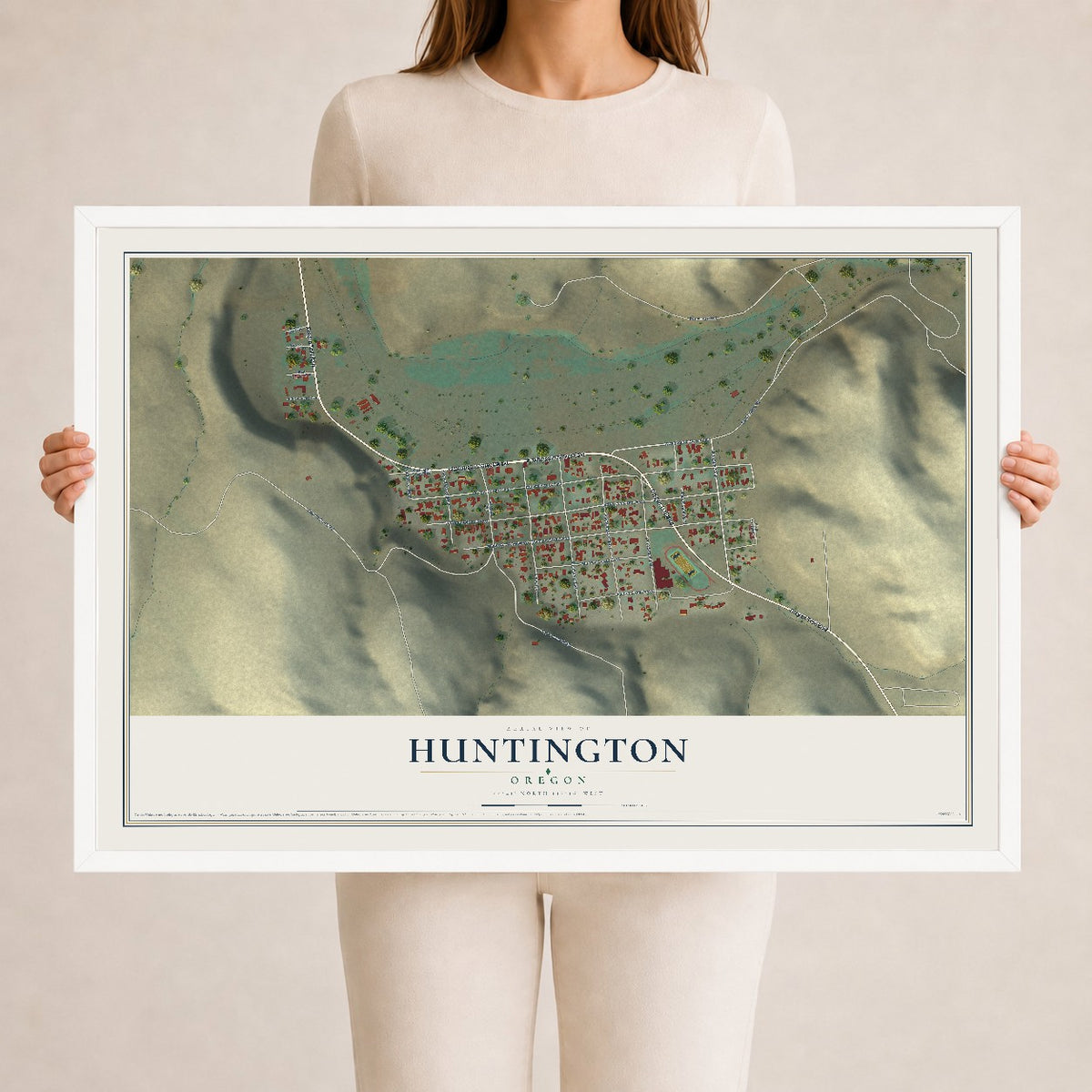 Map of Huntington, Oregon, 24 x 36 inch print in a white wood frame