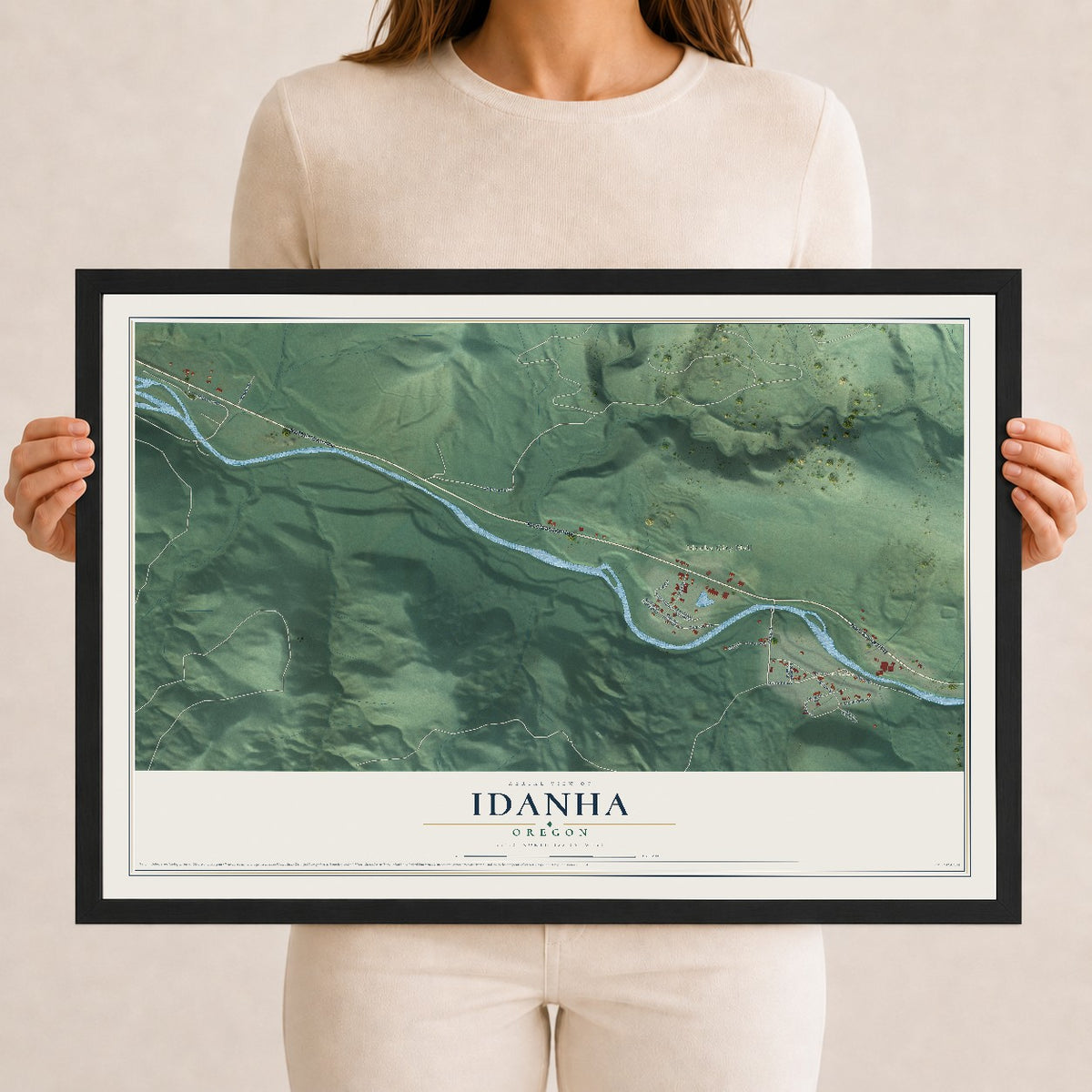 Map of Idanha, Oregon, 12 x 18 inch print in a black wood frame