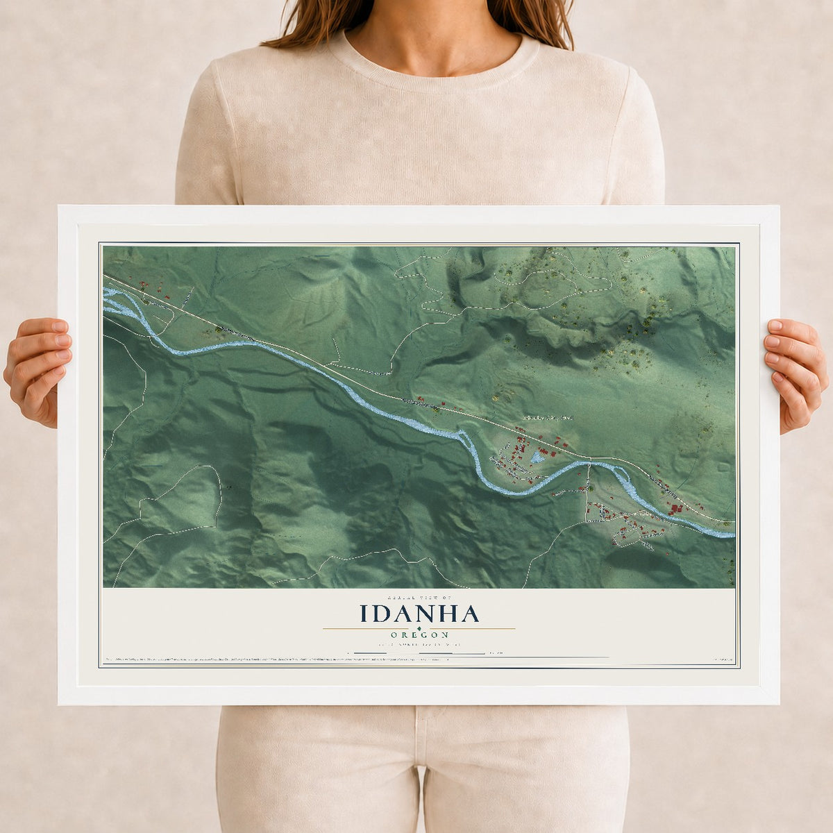 Map of Idanha, Oregon, 12 x 18 inch print in a white wood frame
