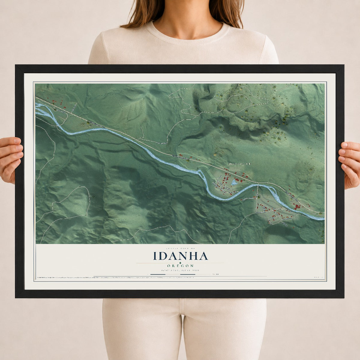 Map of Idanha, Oregon, 18 x 24 inch print in a black wood frame