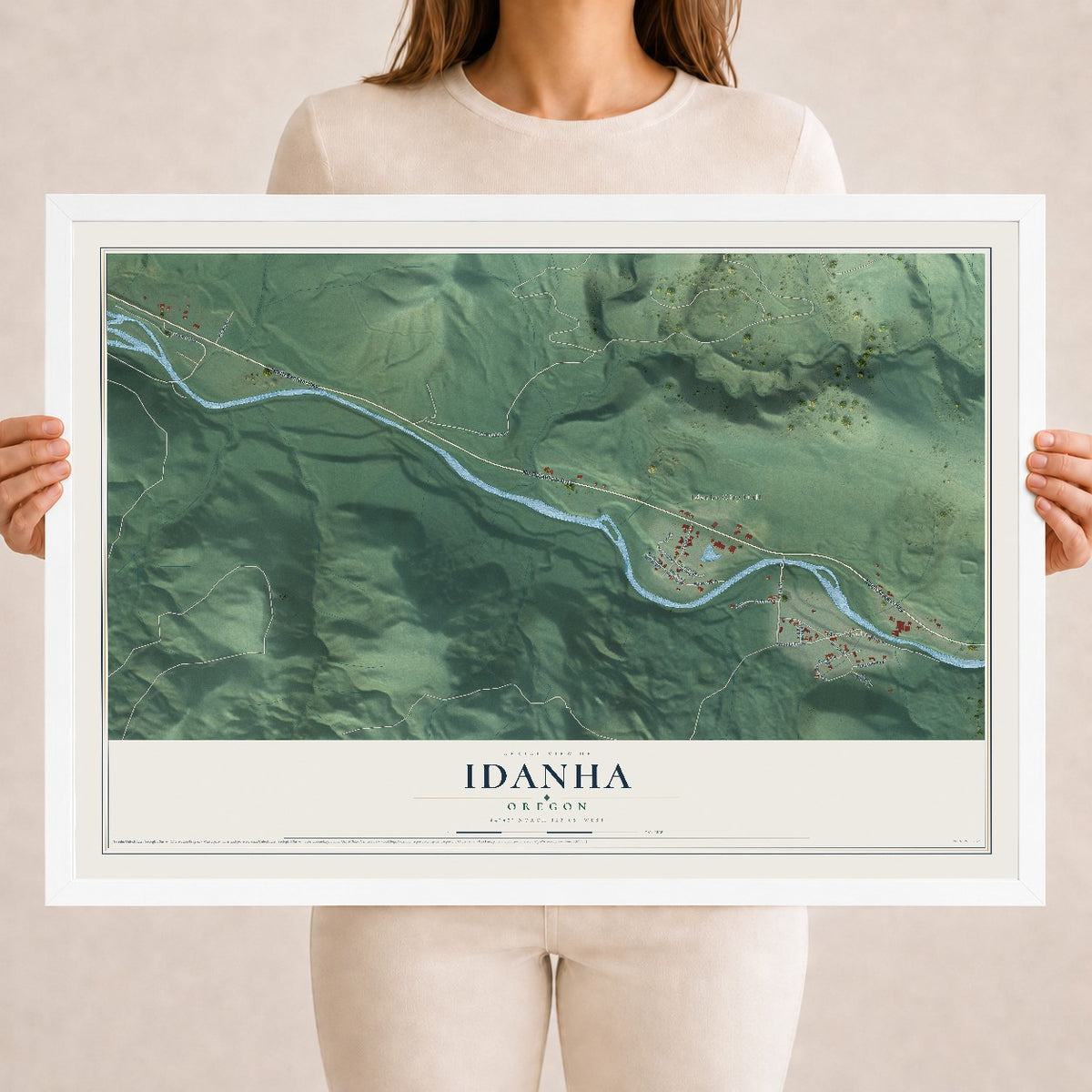 Map of Idanha, Oregon, 18 x 24 inch print in a white wood frame