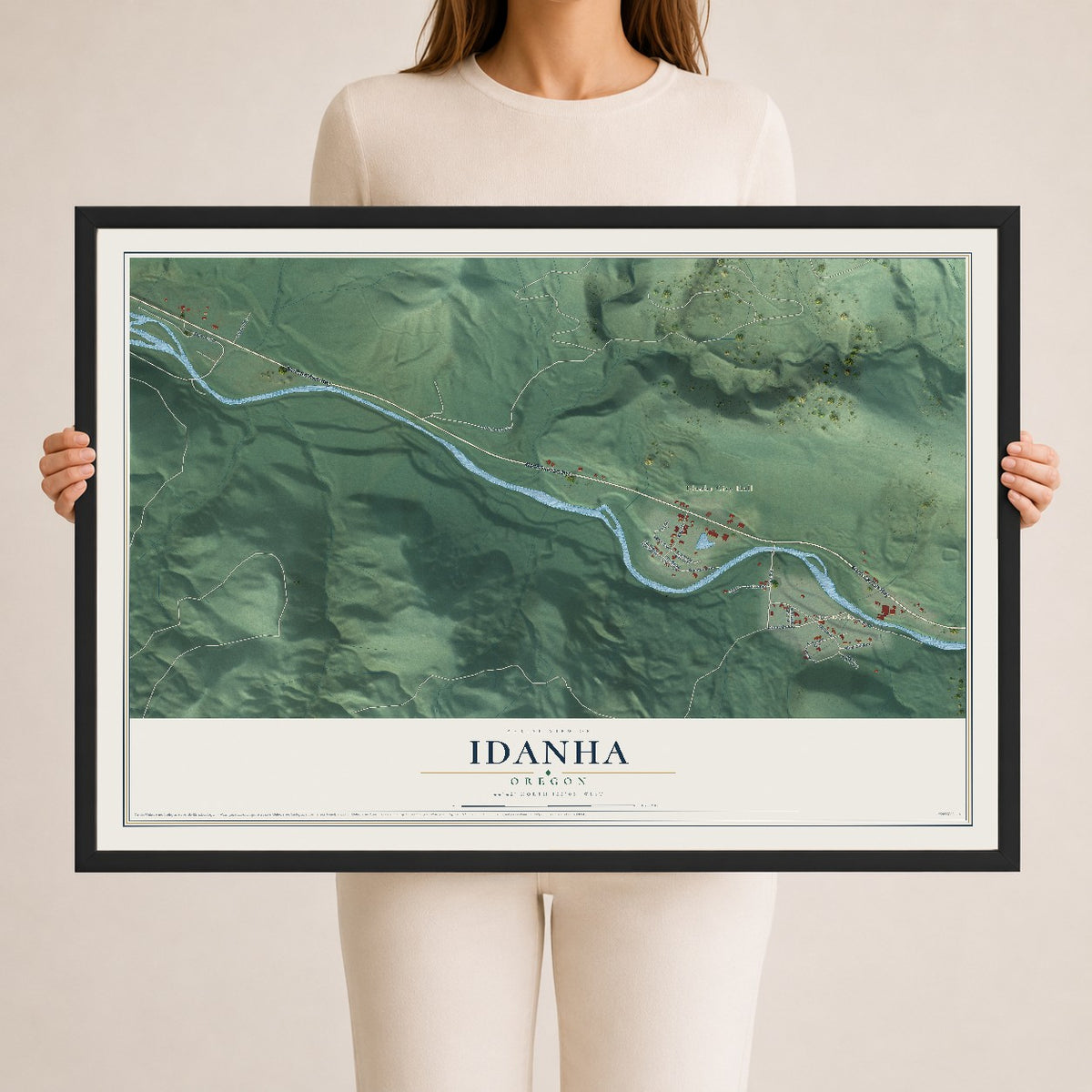 Map of Idanha, Oregon, 24 x 36 inch print in a black wood frame