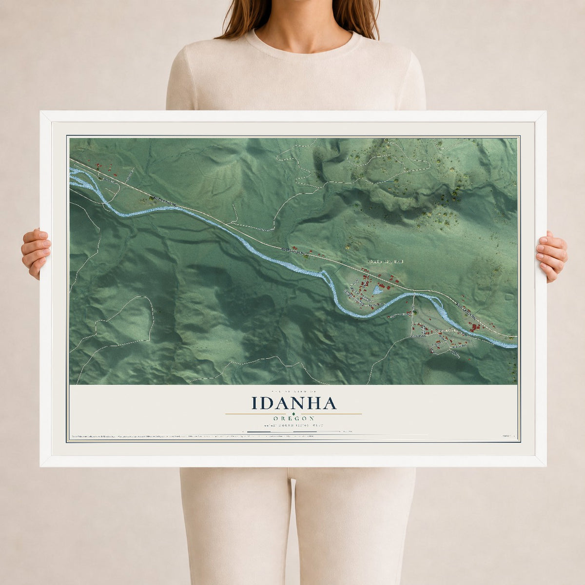 Map of Idanha, Oregon, 24 x 36 inch print in a white wood frame