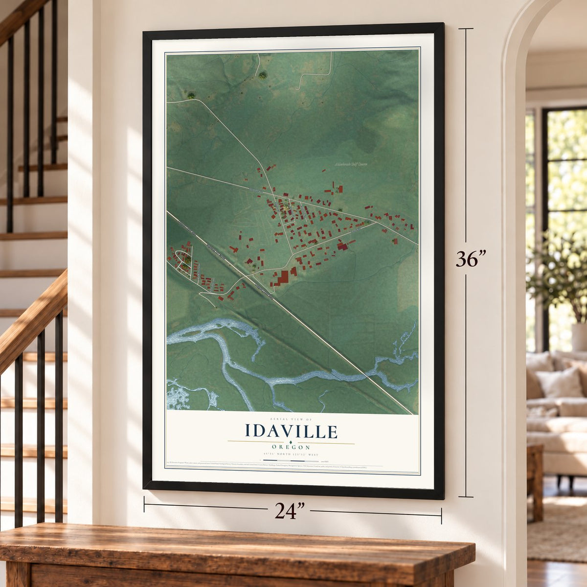 Idaville, Oregon map, 24 x 36 inch print in a black frame by a staircase