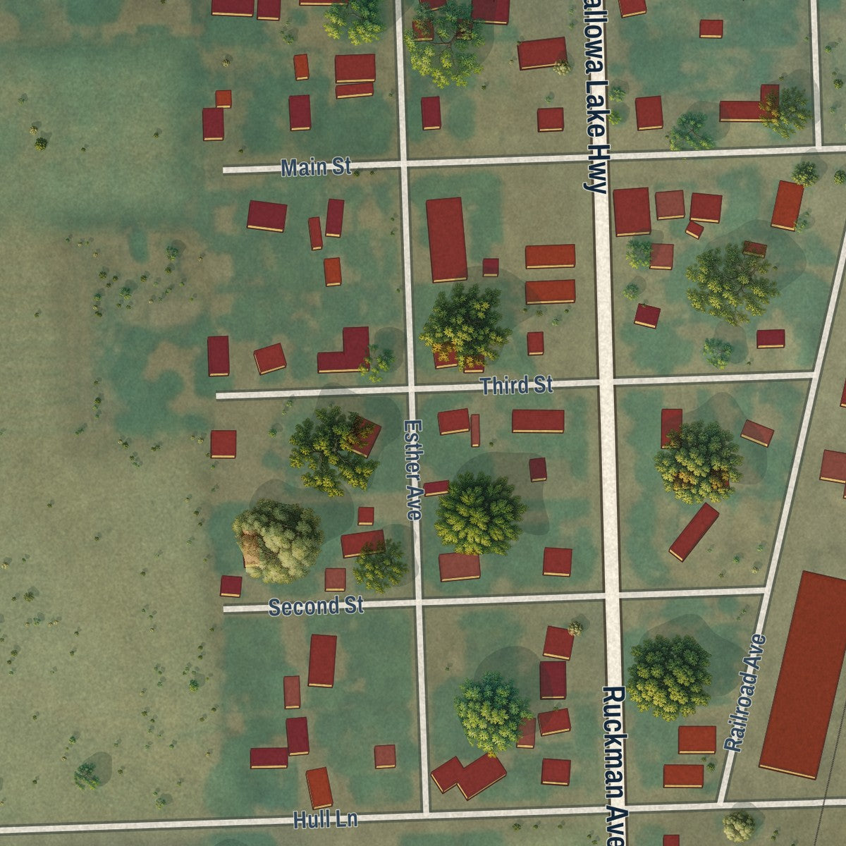 Close-up of the map of Imbler, Oregon print showing street and building detail