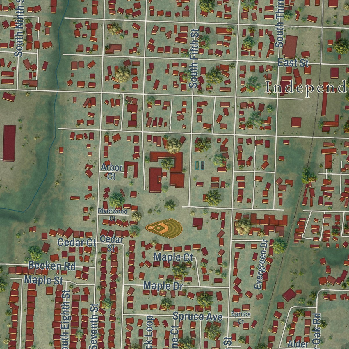 Close-up of the map of Independence, Oregon print showing street and building detail